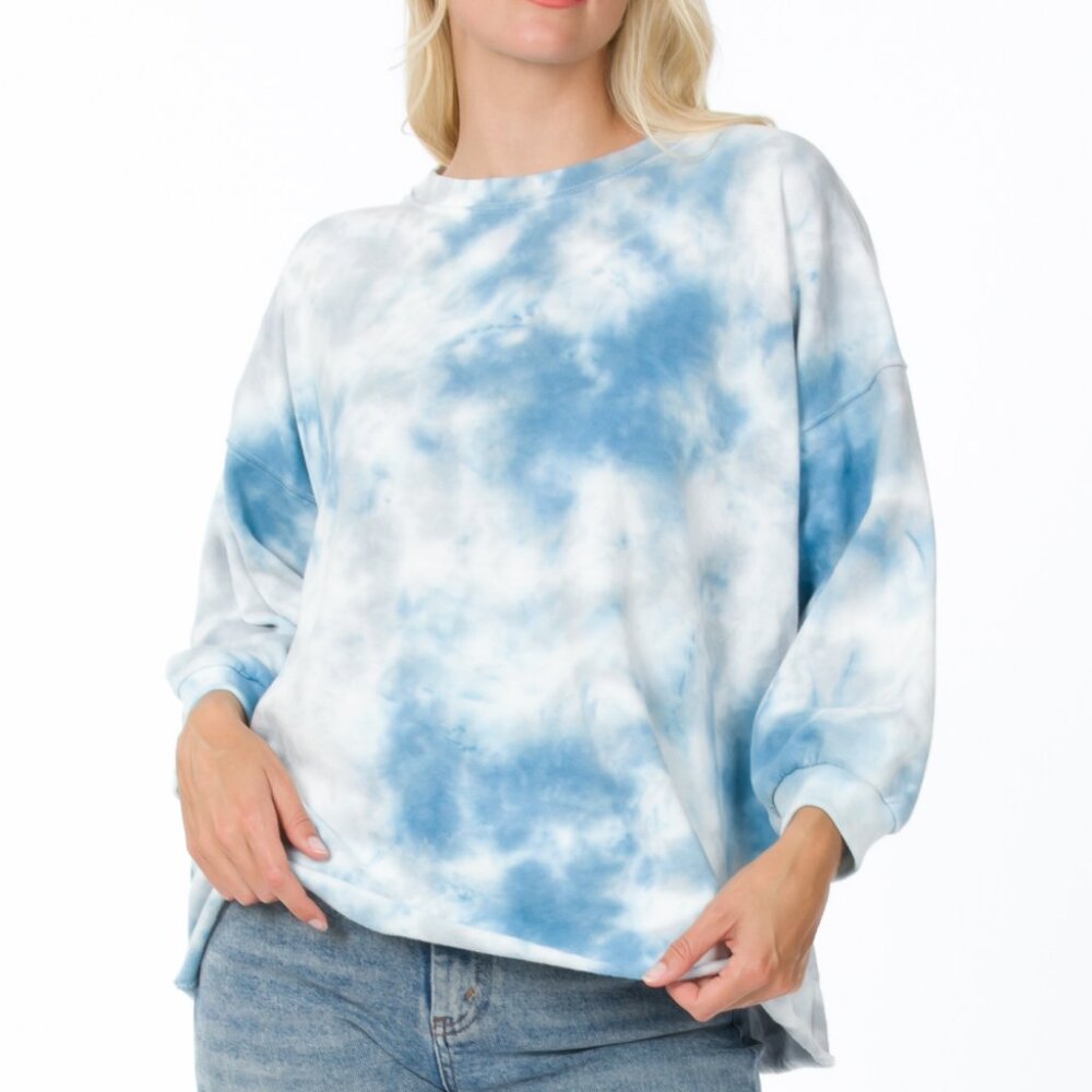 Vintage Soft Ballon Sleeve Pullover Sweatshirt - Blue and White Tie Dye